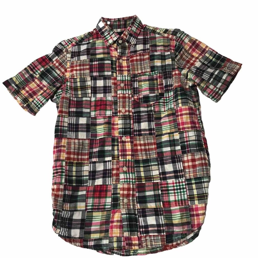 Gap Madras Patchwork Shirt Mens XS Slim Fit Plaid Button Down Y2K Preppy Resort